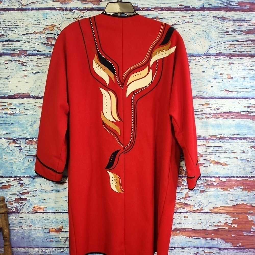 Vintage VINCEN-T-OMAS Red Wool & Leather Jacket with Artistic Design - Picture 3 of 6